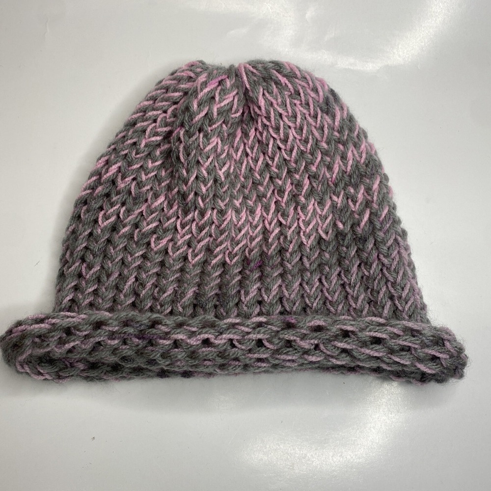 Hand Knit Hat Cap Beanie Homemade Pink Grey Warm Winter Women Artsy Simple